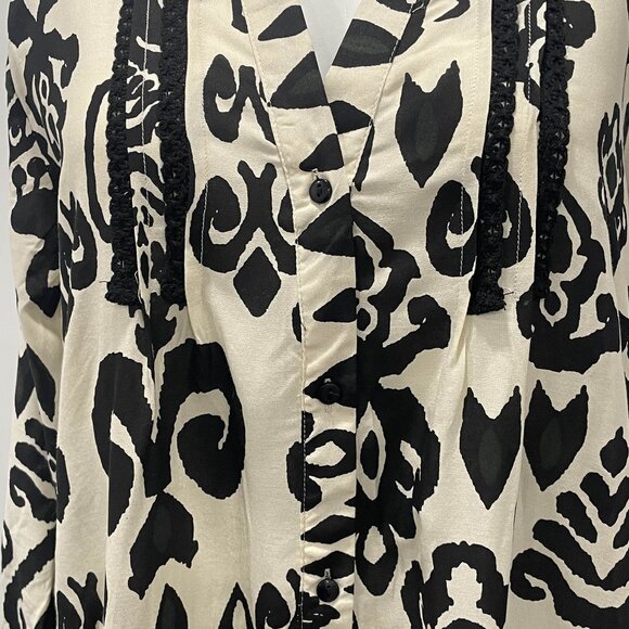 BOHO ME Black White Print Boho Mini Button Up Dress Tiered Ruffle Long Sleeve L - Picture 4 of 9